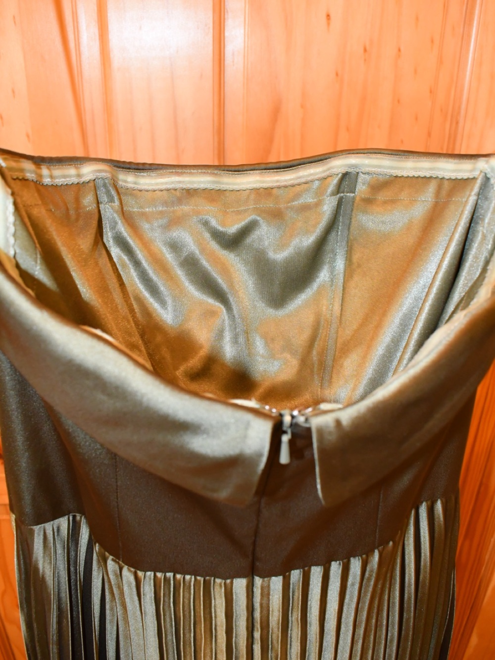 Revelry Saylor Satin Pleated Strapless Maxi Dress in Deep Olive Green 6 - Picture 5 of 12